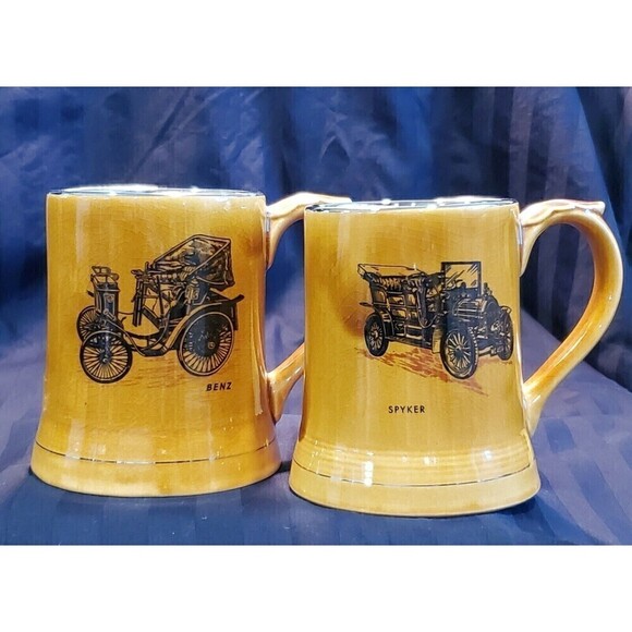 WADE ENGLAND POTTERY VINTAGE BEER STEIN ANTIQUE AUTOMOBILE SET OF 2 ENGLAND - Picture 1 of 12